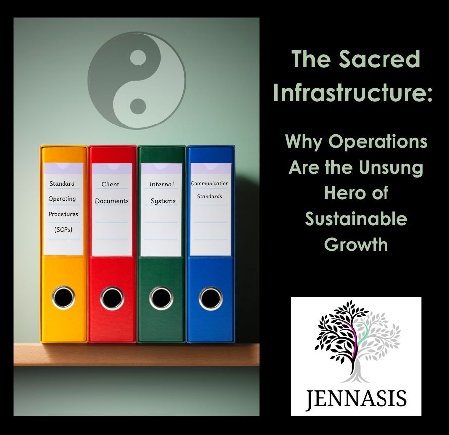 A yin-yang symbol above a stack of SOP binders
