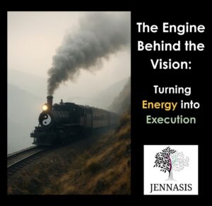 Train with steam blowing rolling down the track with blog title The Engine Behind the Vision: Turning Energy Into Execution