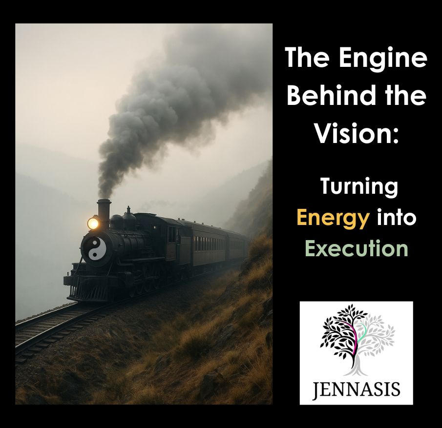 Train with steam blowing rolling down the track with blog title The Engine Behind the Vision: Turning Energy Into Execution