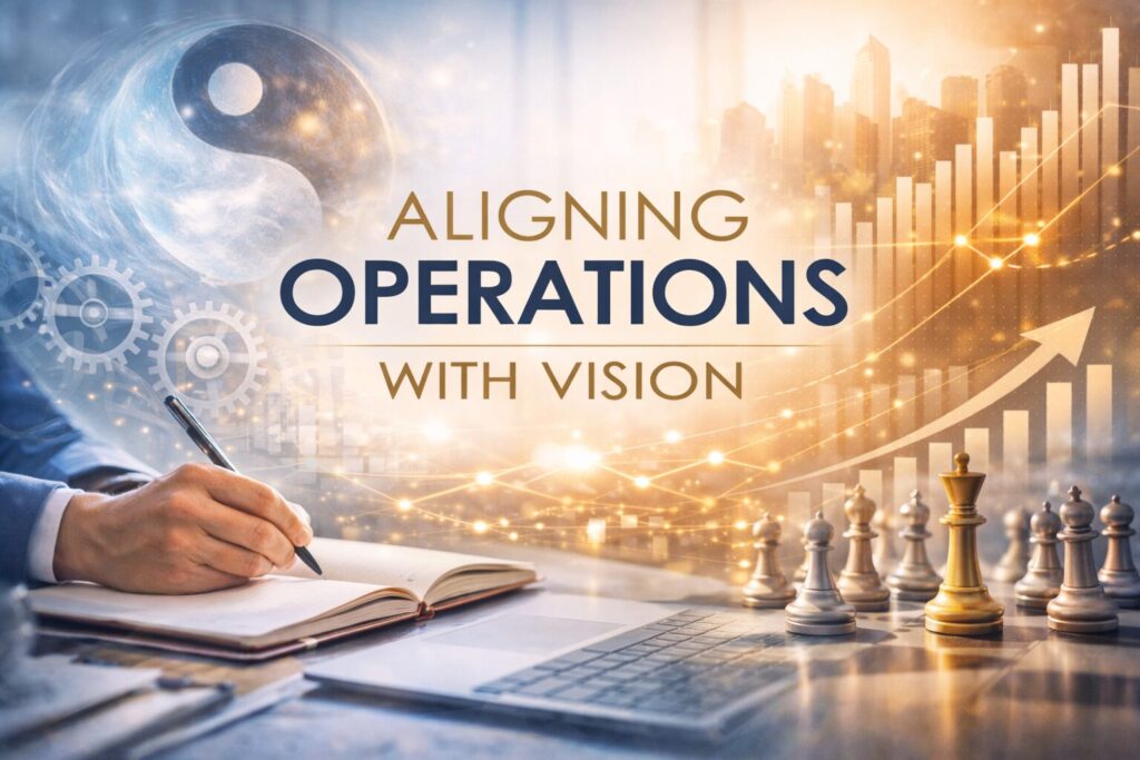 animated hand writing in a notebook with laptop and chess board on opposite side. Yin Yang symbol above person writing. Text reads Aligning Operations with Vision