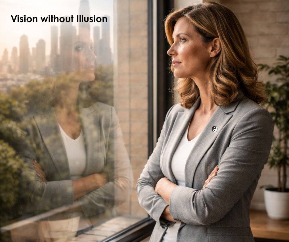 Woman in business dress looking out of window at city with her reflection also in the window vision without illusion