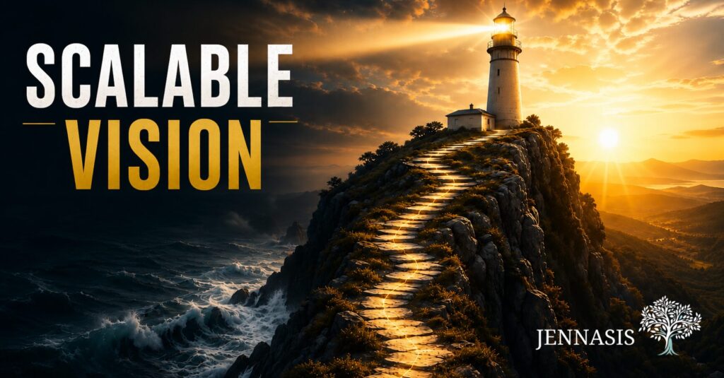 lit up path to a lighthouse with water on the left and words, Scalable Vision in white and yellow