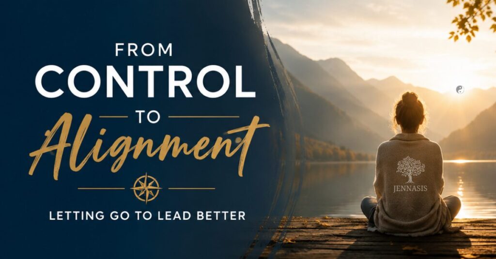 Woman sitting on the bank of a river, facing the sun in a peaceful, yet contemplative manner. Text to the left reads: " From Control to Alignment: Letting Go to Lead Better